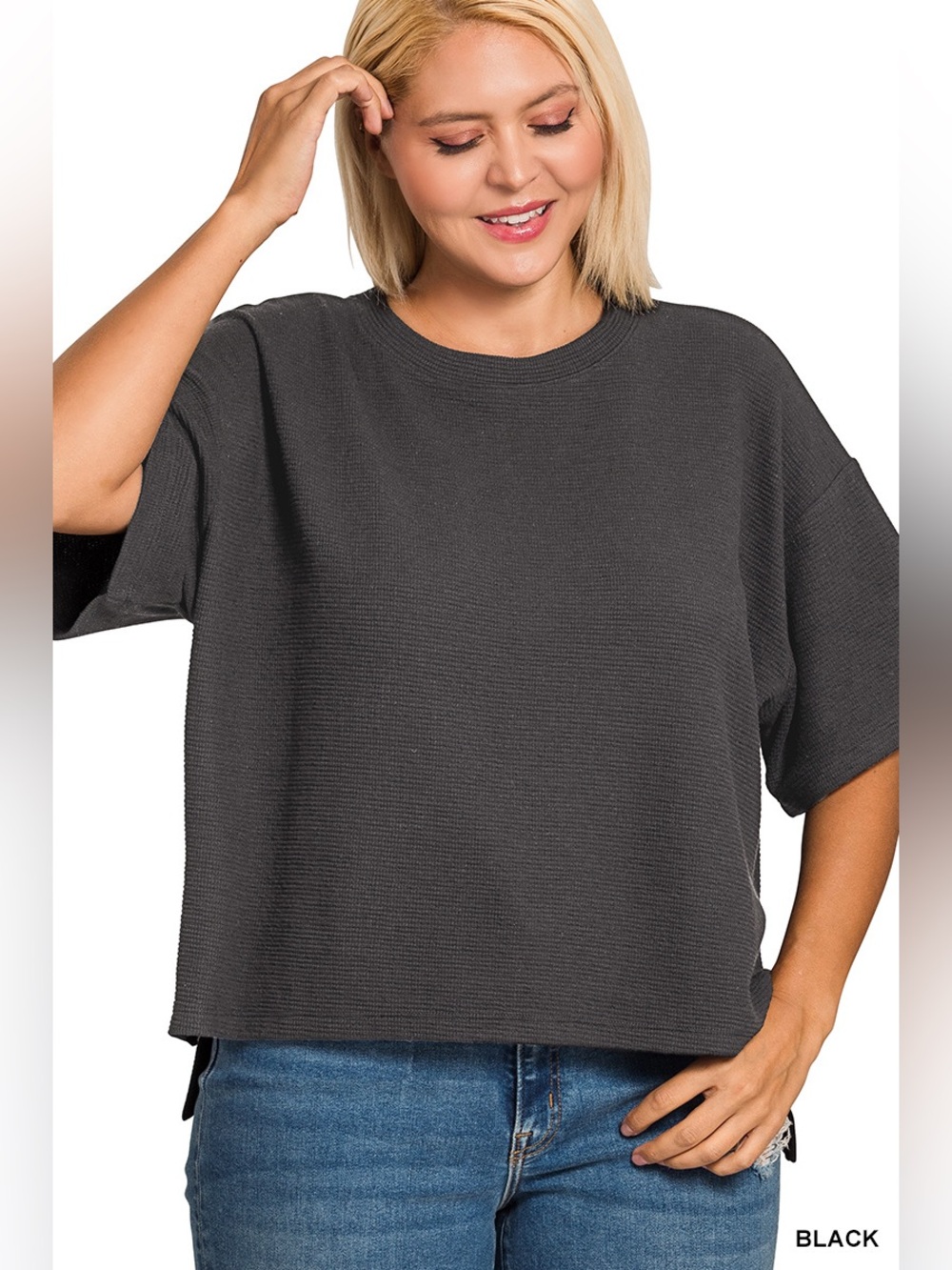 Zenana PLUS Black Double Knit Hi Low Short Sleeve Top